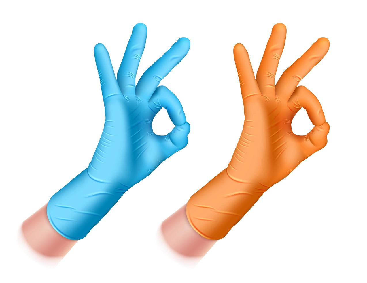 mano de signo ok con guantes de goma azul y naranja vector