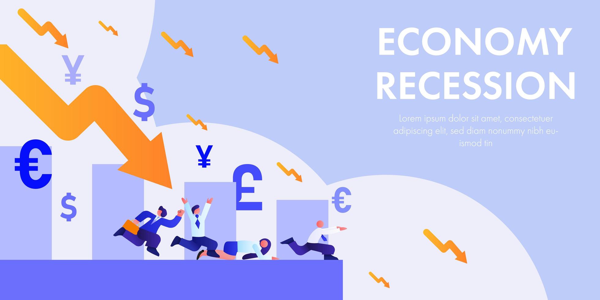 Economy recession concept with falling symbols and running people vector