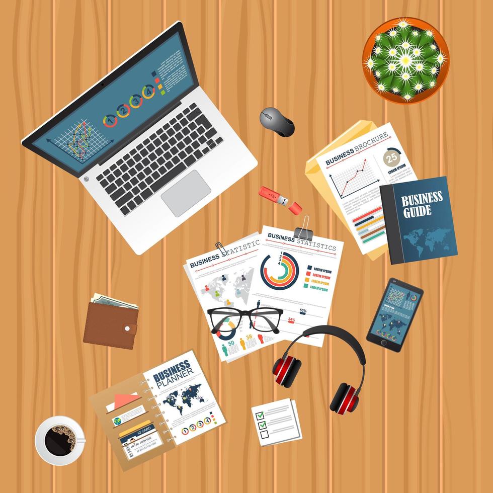 Top view business design with laptop and documents vector