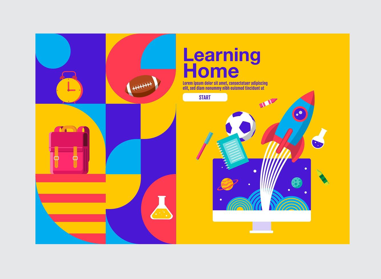 Learning home banner with elements flying out of monitor vector