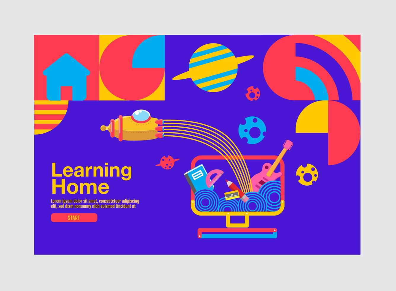 Learning home banner with geometric shapes and rocket vector