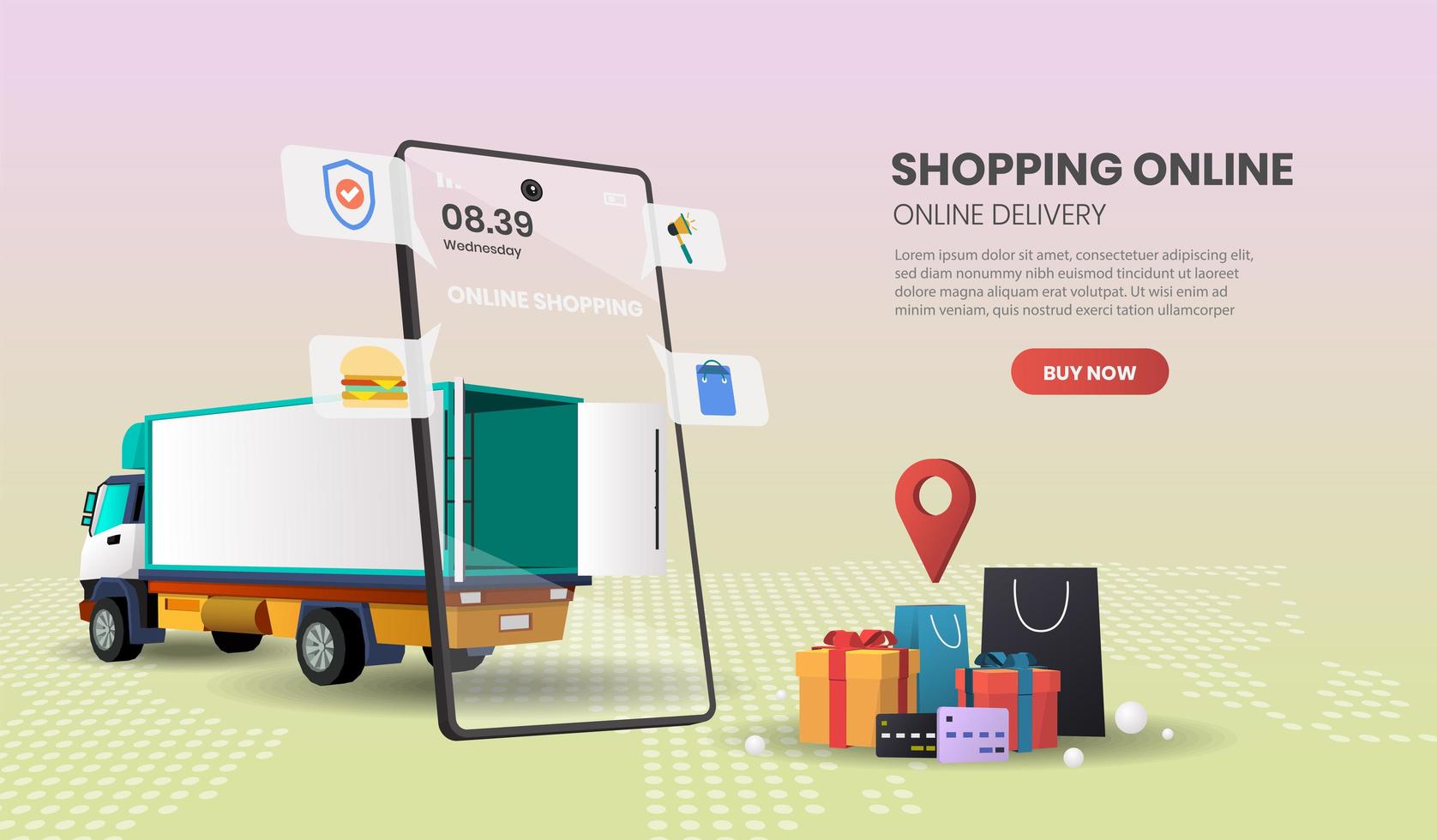Food and Package Online Ordering Truck Delivery Concept vector