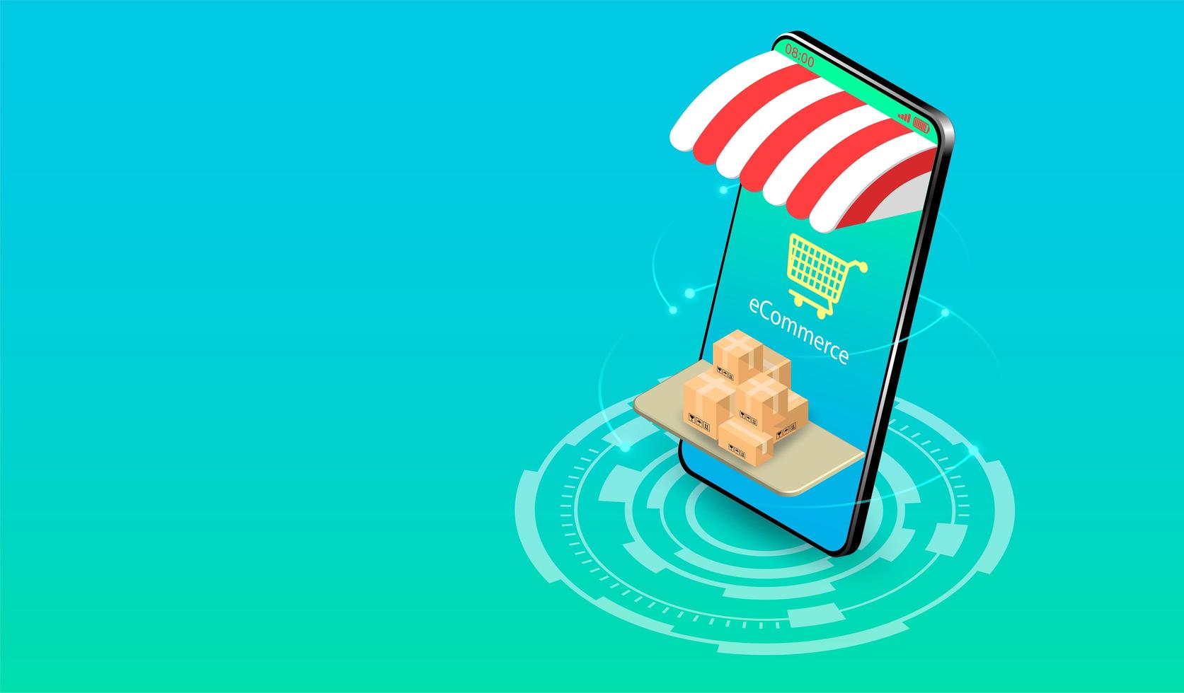 Shopping online on smartphone with e-commerce system vector