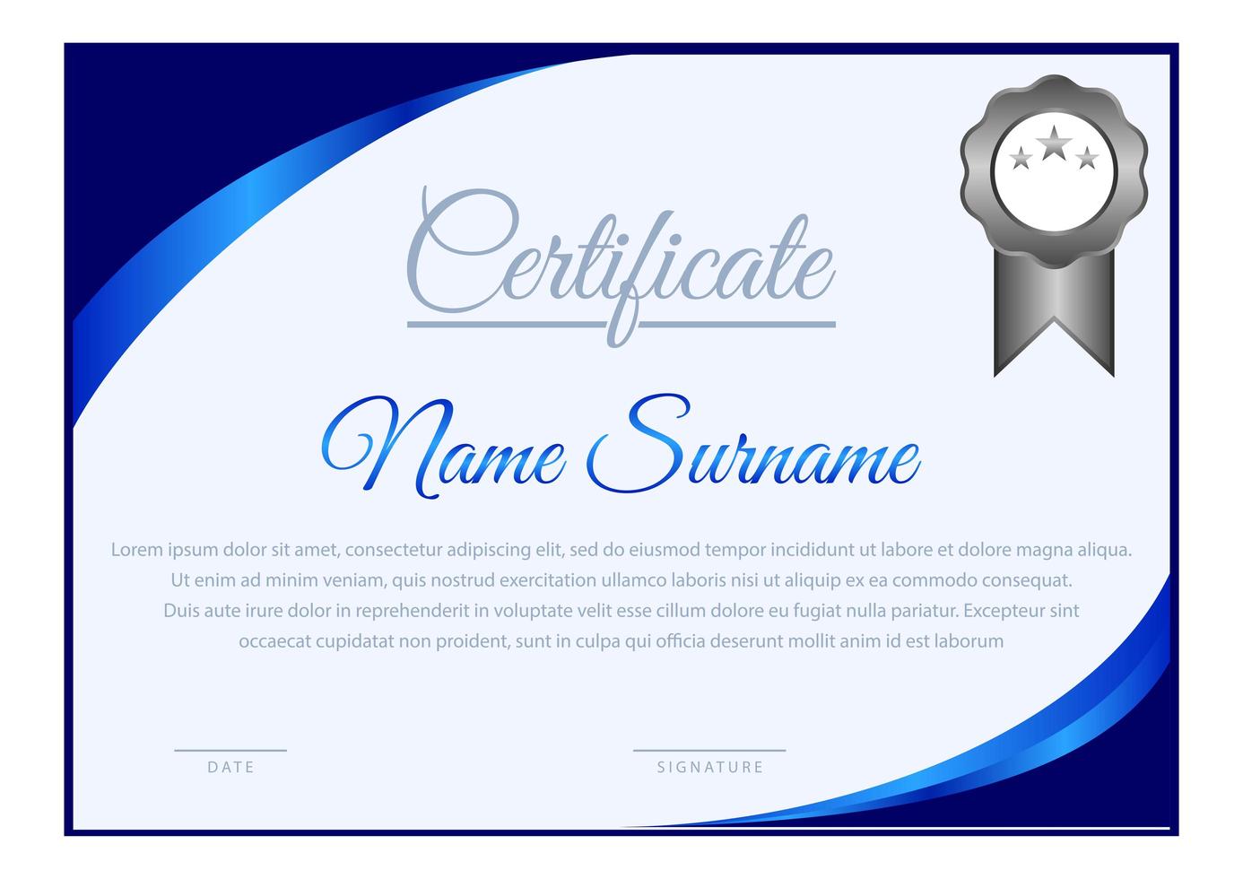 Horizontal Blue Gradient Curved Corner Certificate Template vector