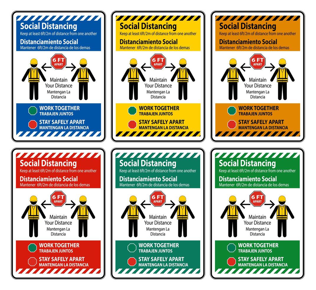 conjunto de signos de construcción de distanciamiento social bilingüe vector