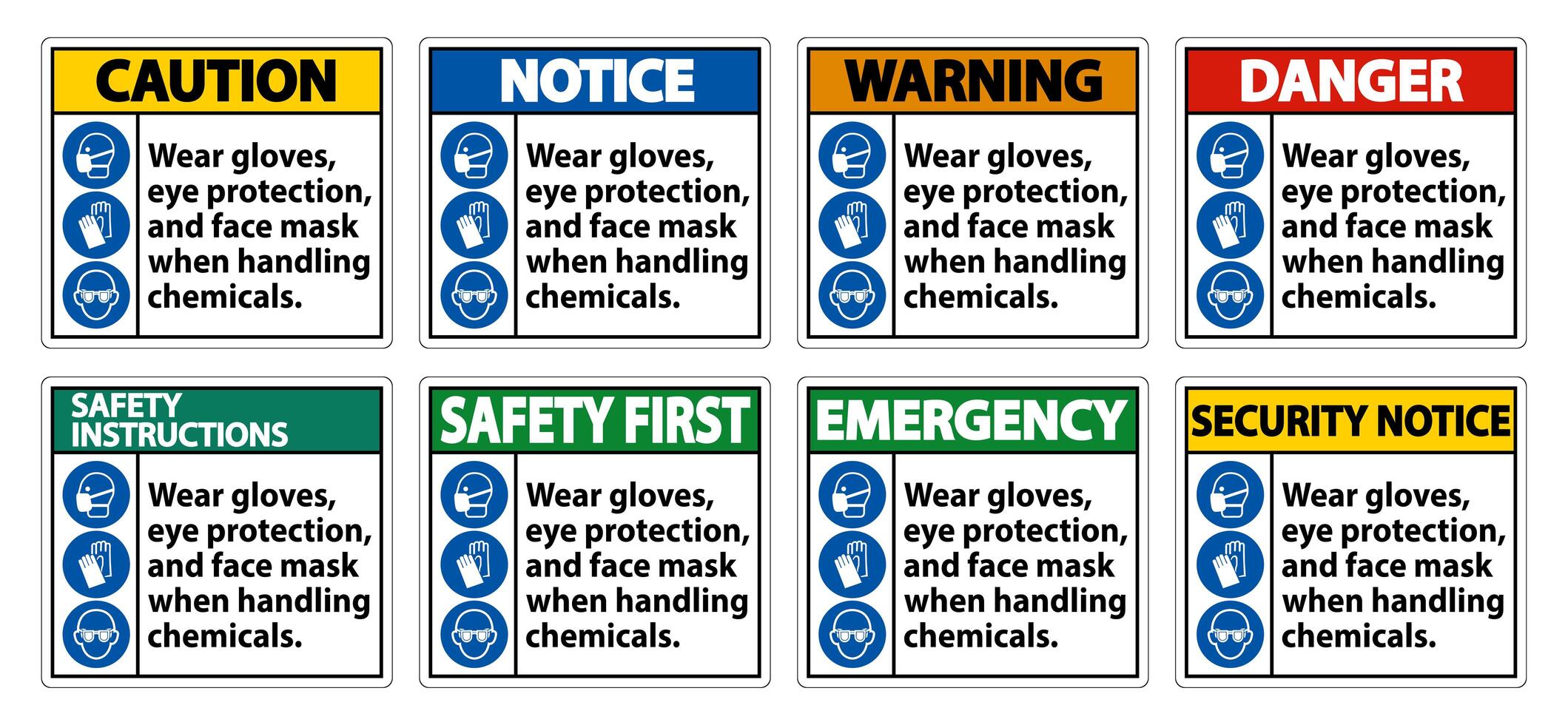 Wear Gloves, Eye Protection Face Mask Sign Set  vector