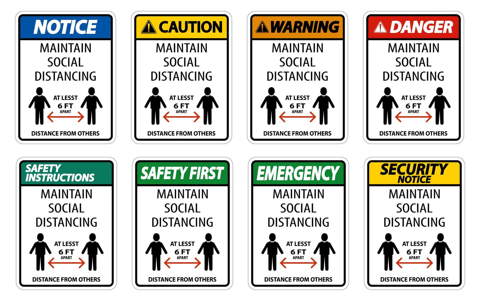 Maintain Social Distancing At Least 6 Ft Sign Set vector