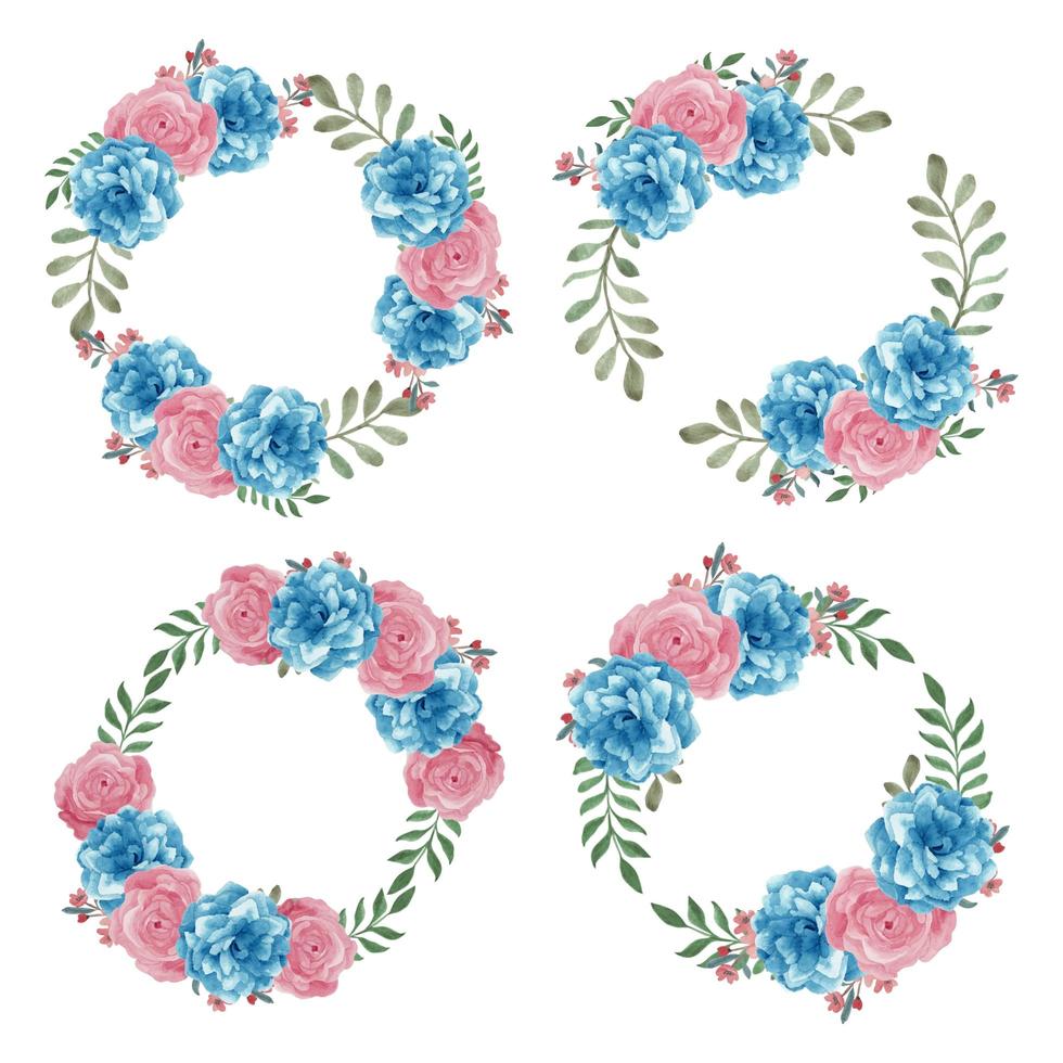 Watercikir blue pink rose flower circle wreath set vector