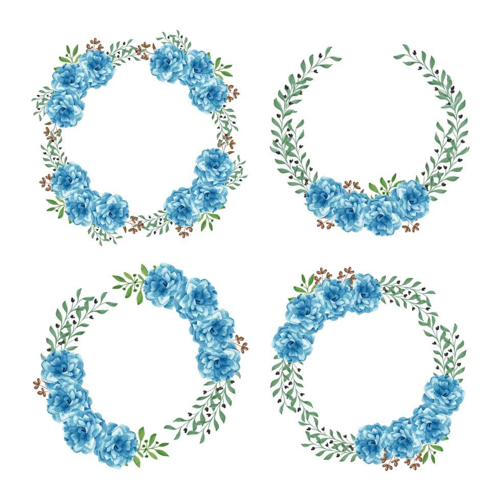 Watercolor blue flower circle wreath collection vector