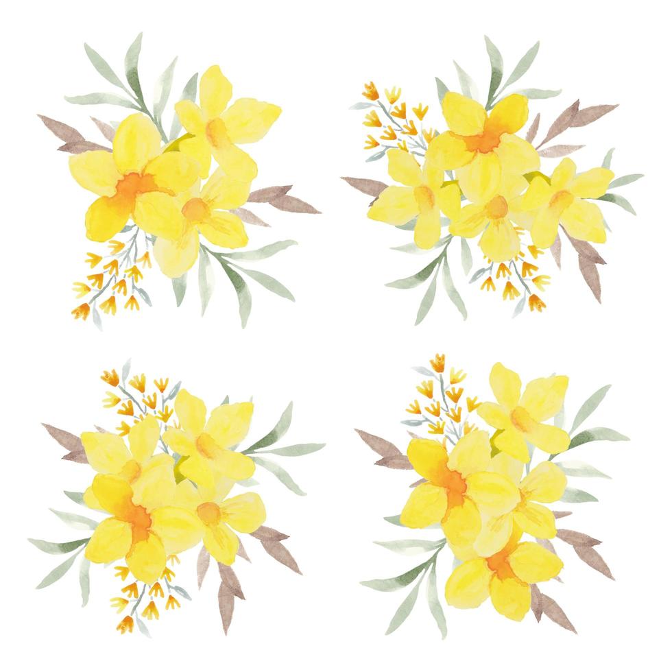 Watercolor yellow allamanda bouquet arrangement set vector