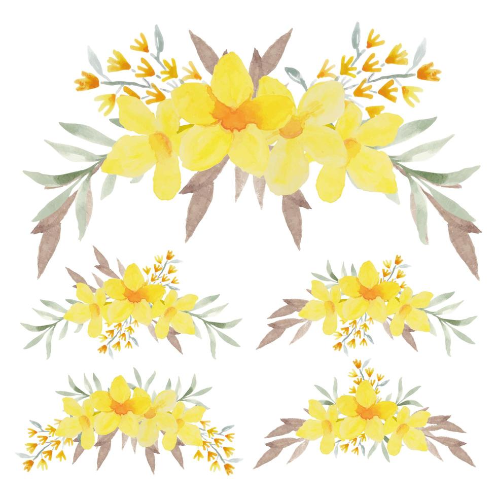 Hand painted yellow allamanda curved arrangement set vector