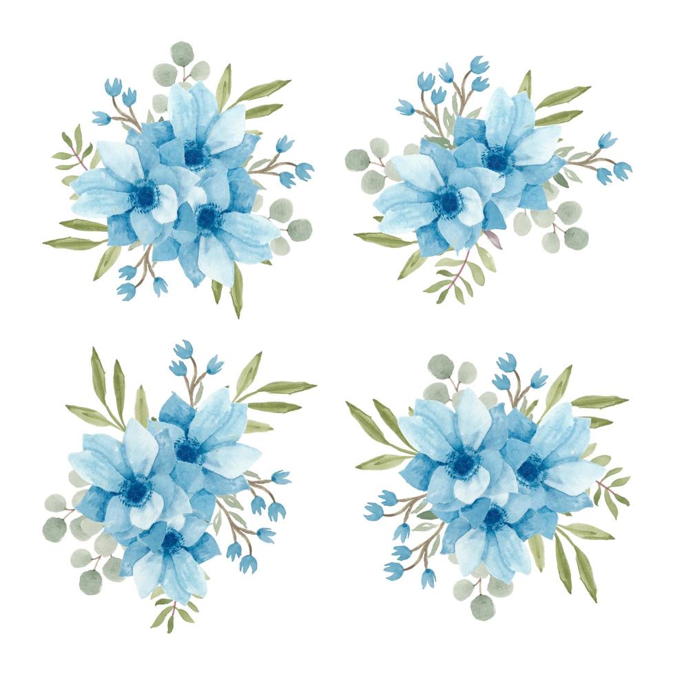 Watercolor blue anemone arrangement set  vector