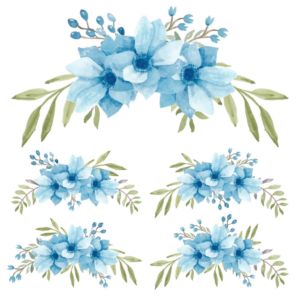 Watercolor light blue anemone curved bouquet set vector