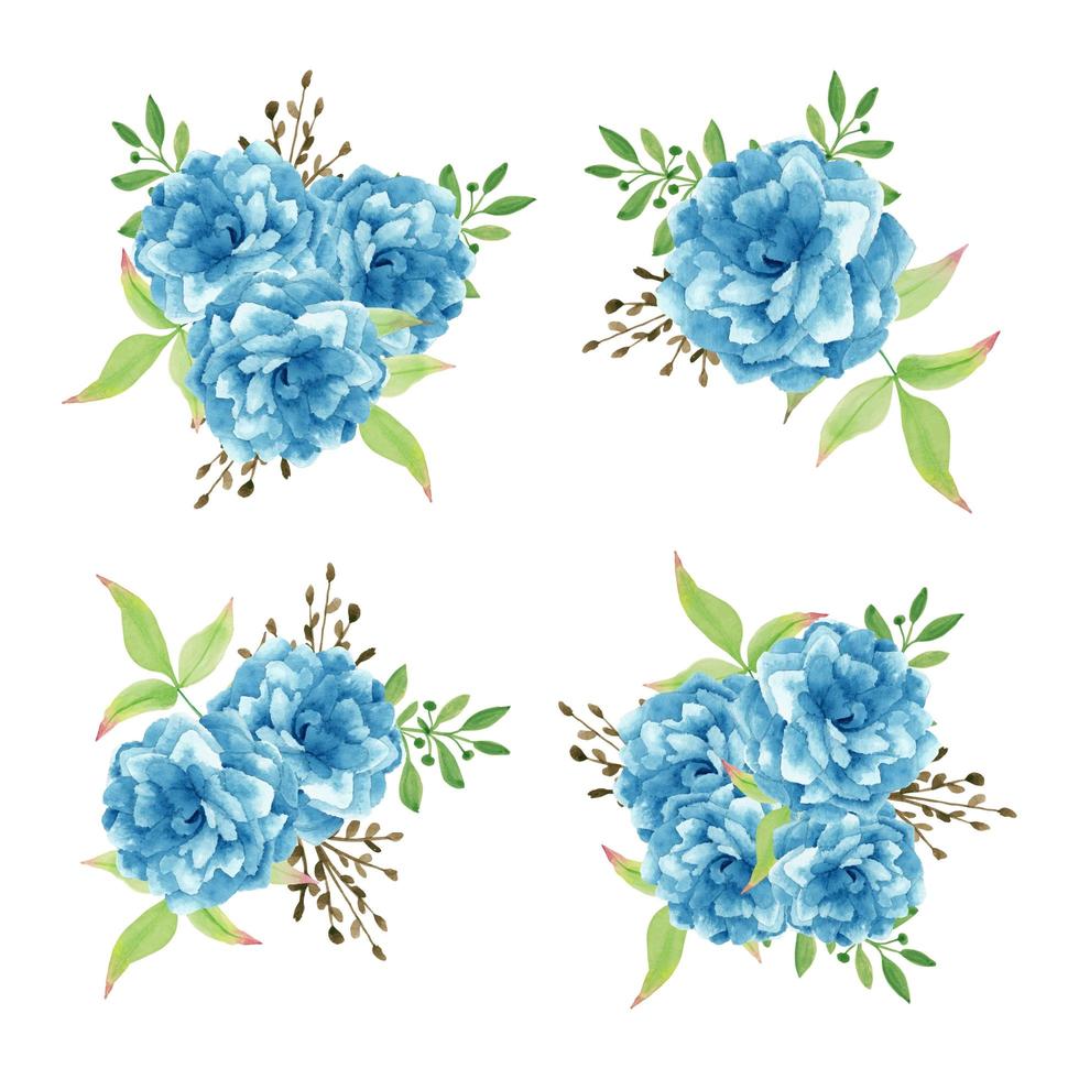 conjunto de ramo de flores de acuarela azul vector