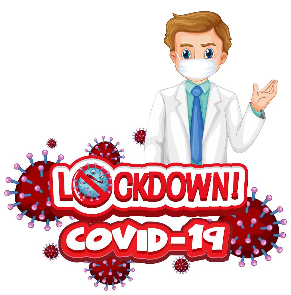 Masked Male Doctor with Lockdown COVID-19 text vector