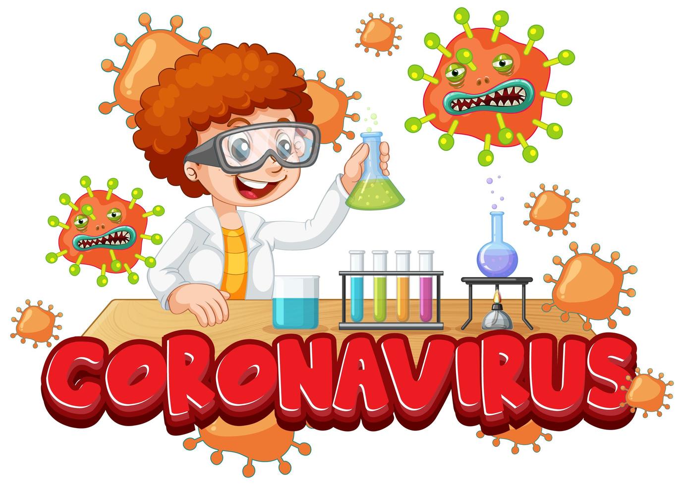 Niño experimentando con coronavirus en laboratorio de ciencias vector