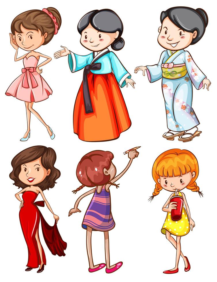 Cartoon Style Girls in Different Attire vector