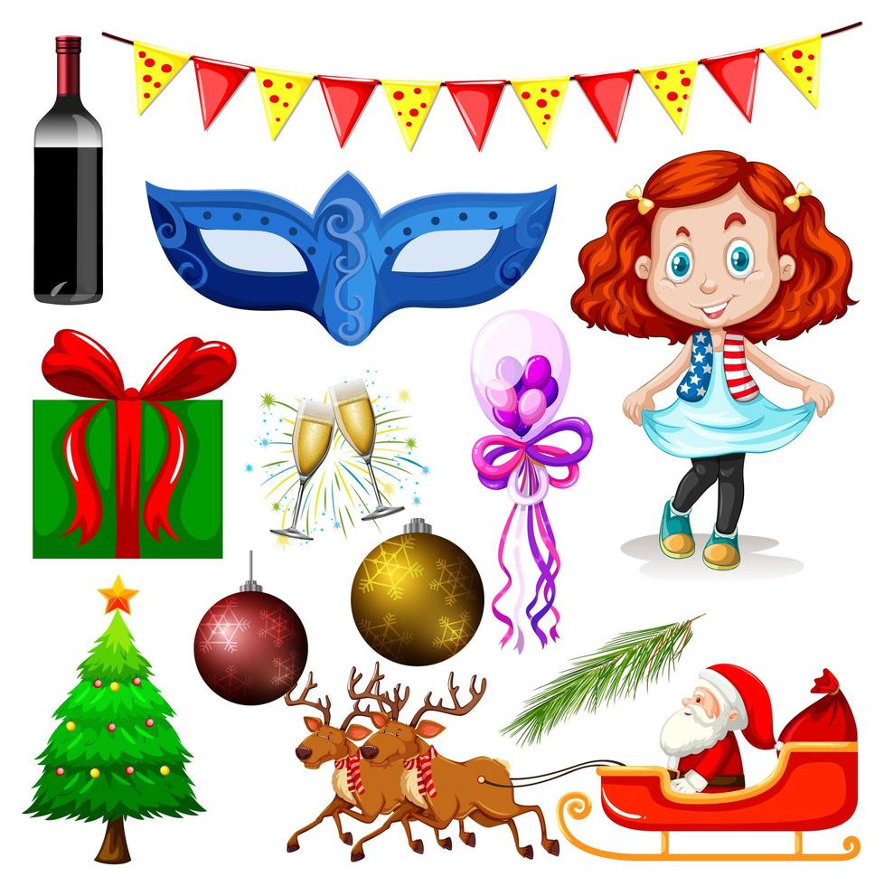 Set of Christmas Objects and People vector