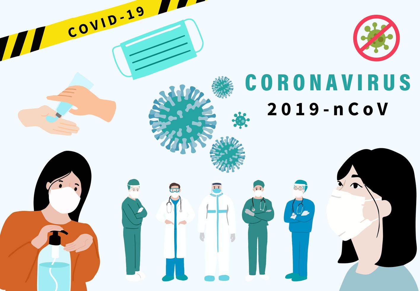 Coronavirus poster with medical staff, sanitization and cells vector