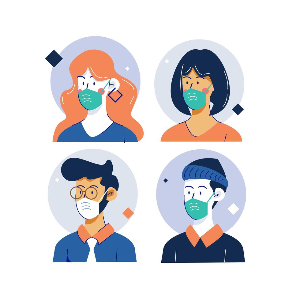 Collection of masked people over circle frame vector