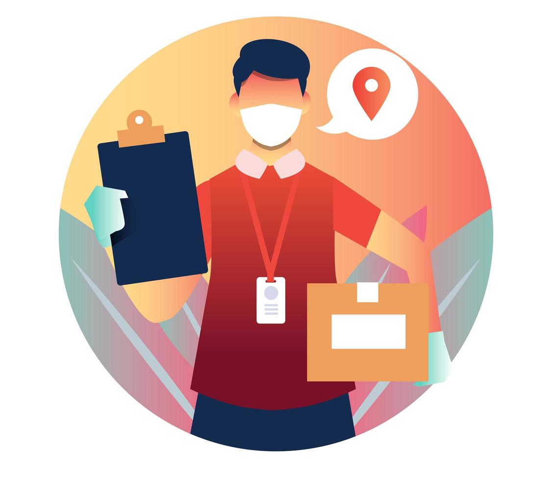 Masked delivery man with package and clipboard vector