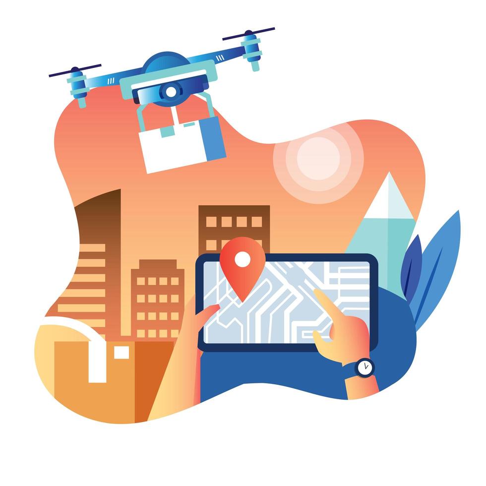 Delivery man using drone to send package vector