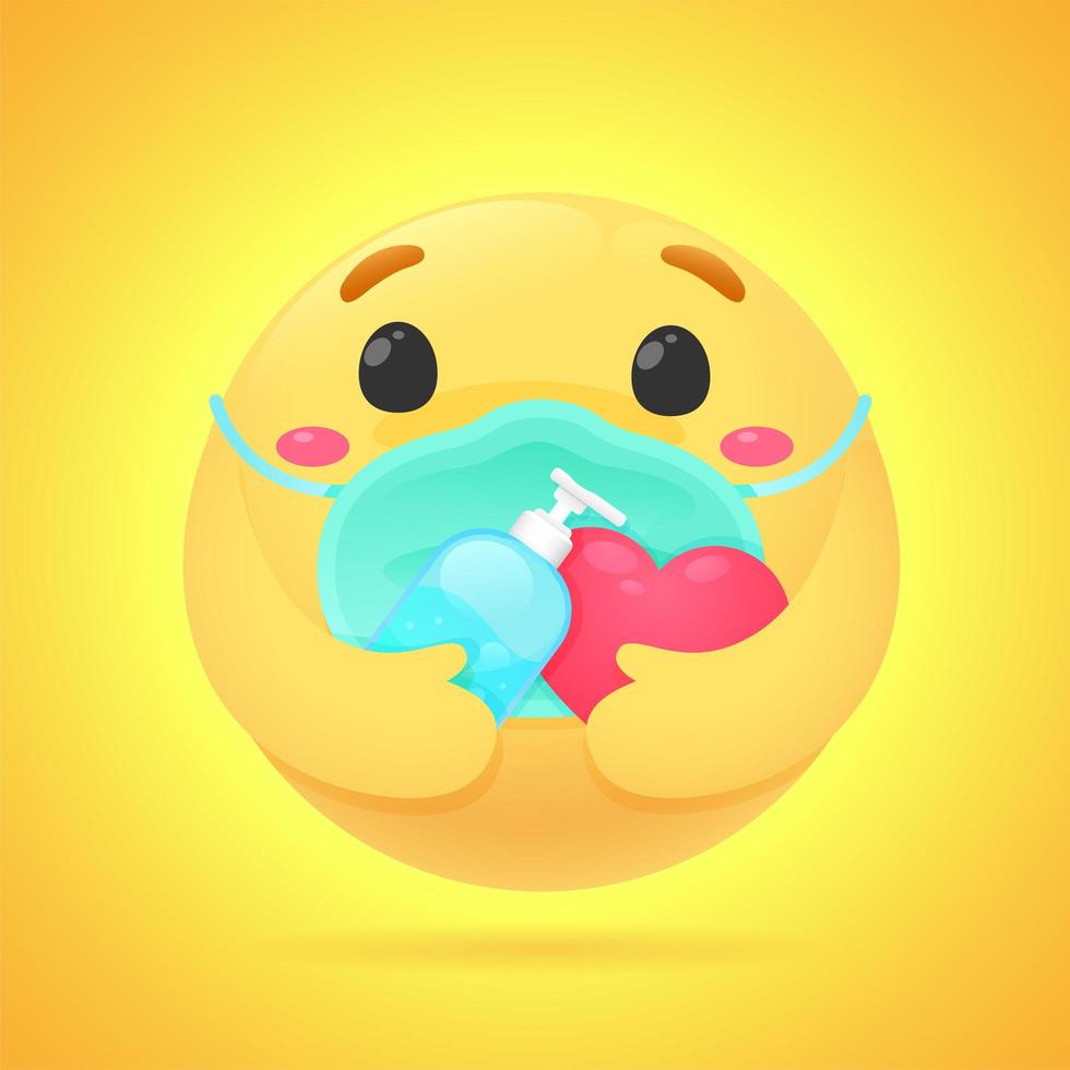 Yellow Emoji Wearing Facemask, Holding Hand Sanitizer vector