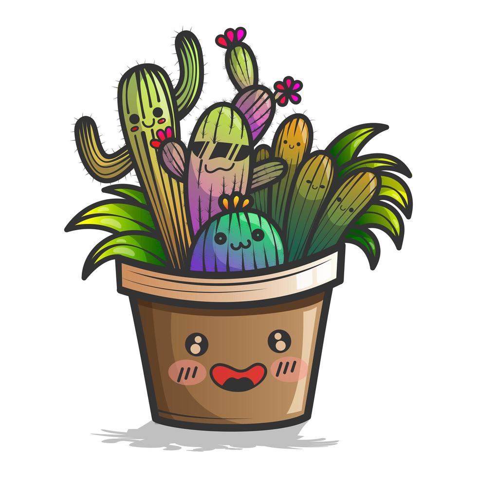 Kawaii style cactus plant with happy faces vector