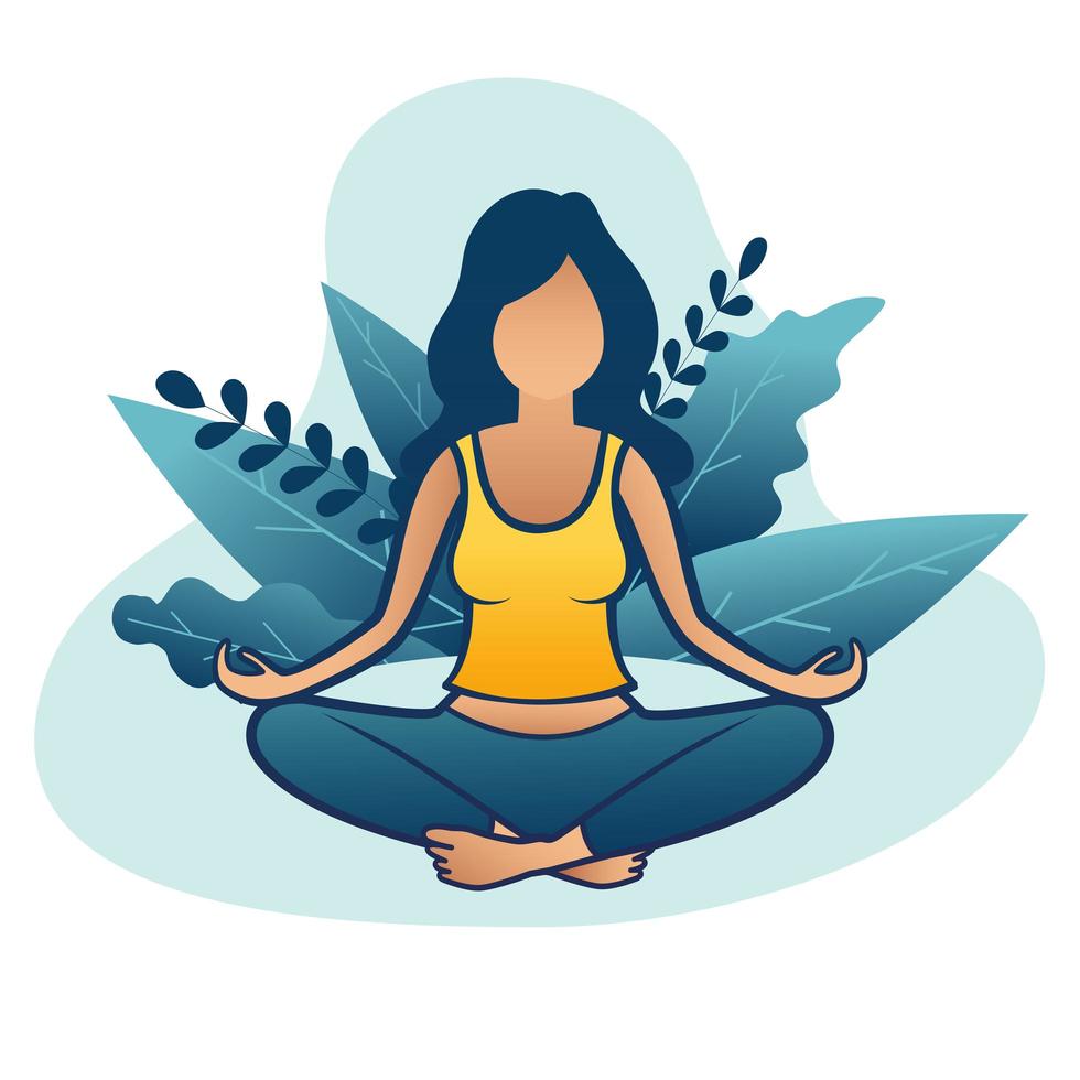 Woman doing meditation or yoga in nature and leaves vector