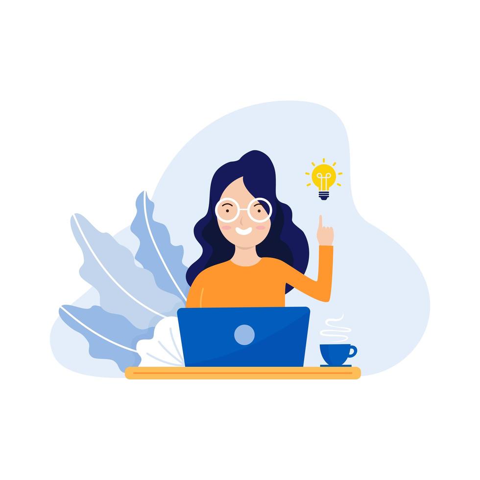 mujer en laptop teniendo idea vector