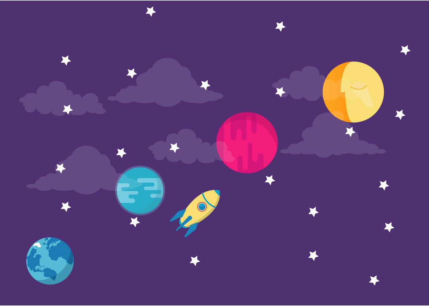 Colorful night sky with rocket and planets vector