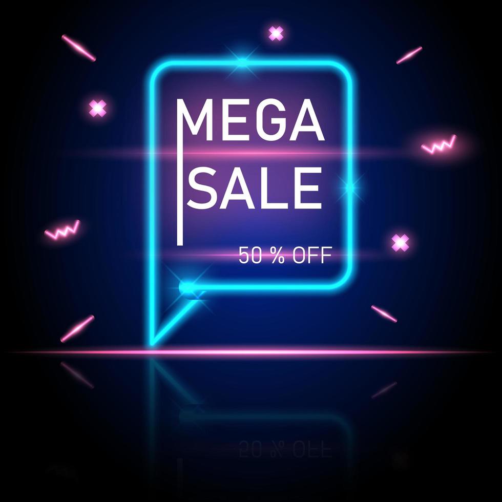 Mega venta promoción neón brillante banner vector