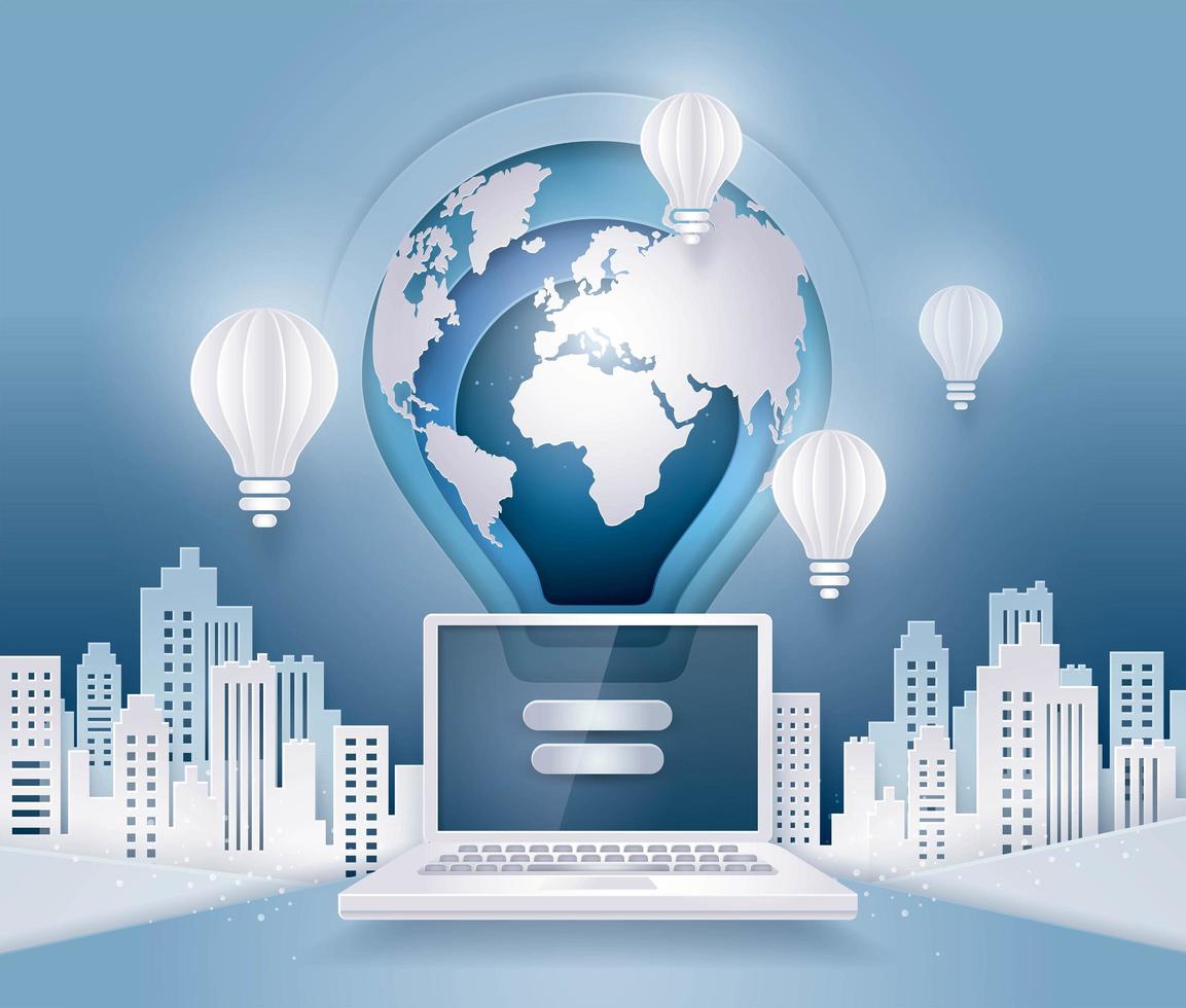 Earth floating above laptop computer vector