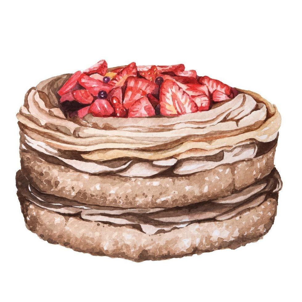 Strawberry chocolate cake painted with watercolor  vector