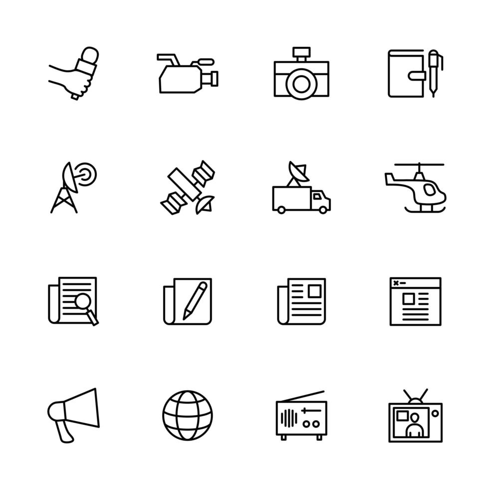 conjunto de iconos de línea para la actividad de reportero de noticias vector