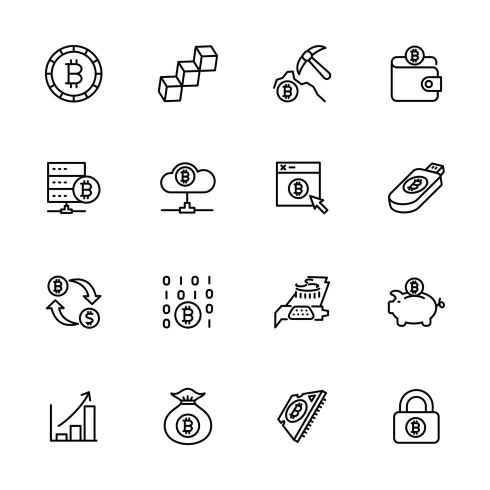 Set of Line Icons for Bitcoin Mining Activity vector