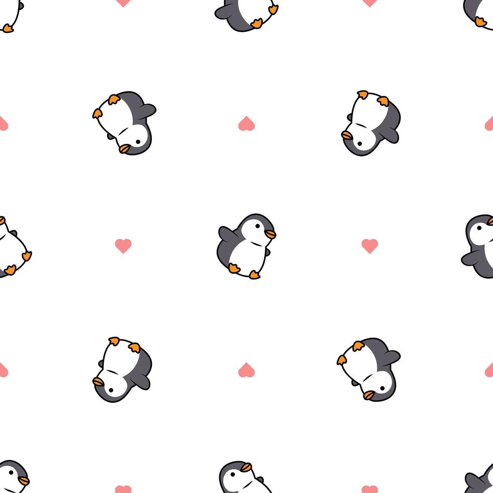 Dibujos animados lindo pingüino gordo con patrón transparente de corazón vector
