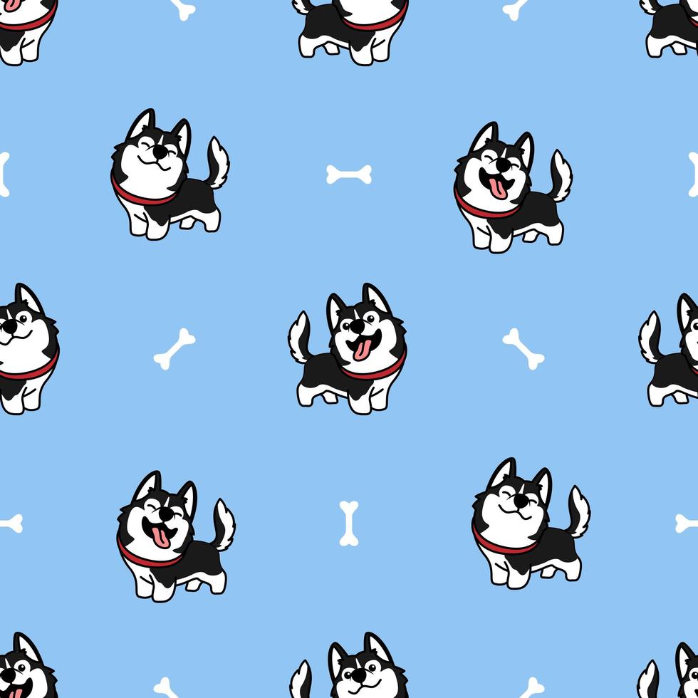 Lindo perro husky siberiano sonriendo dibujos animados de patrones sin fisuras vector