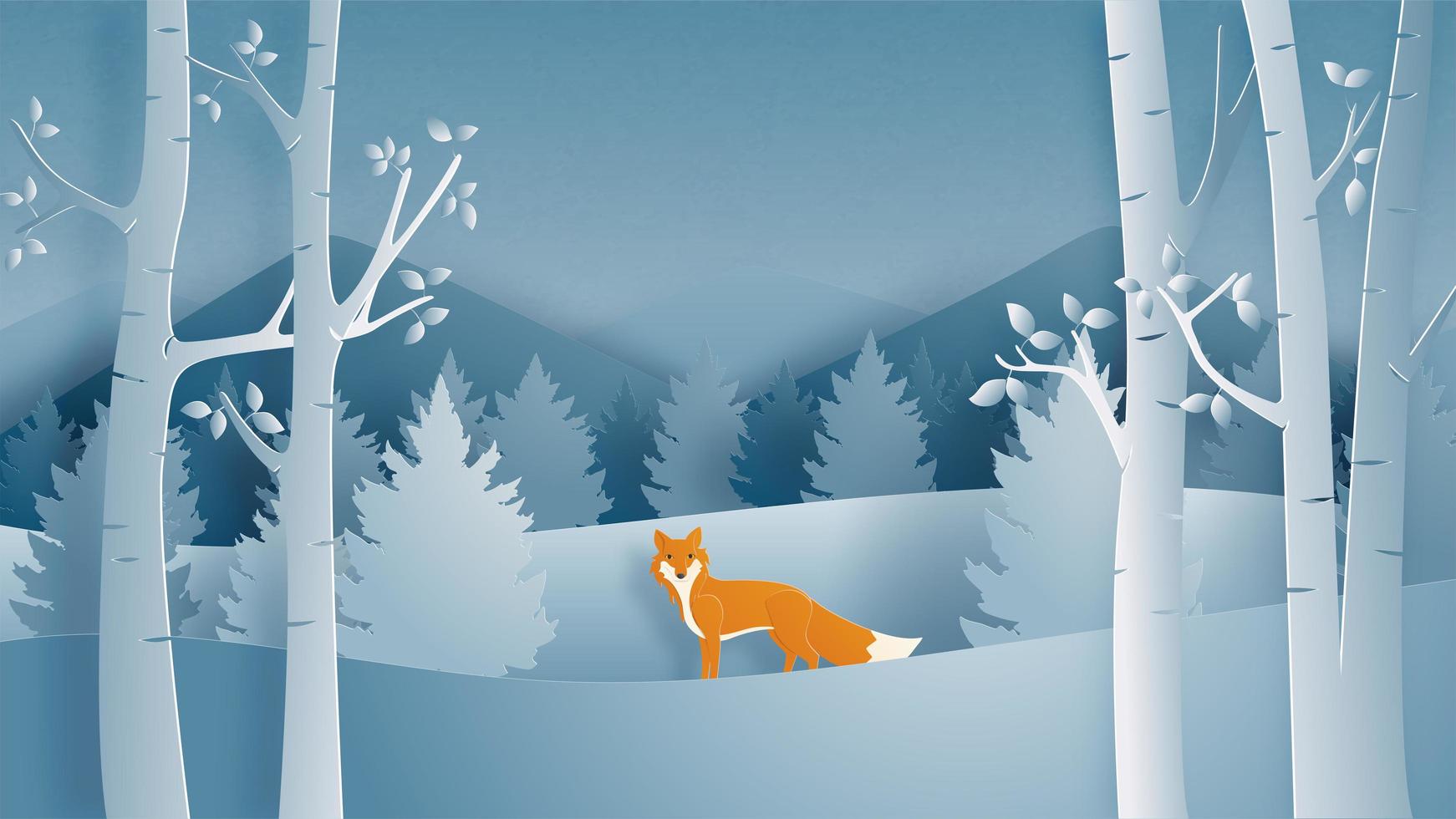 Winter landscape with alone fox vector
