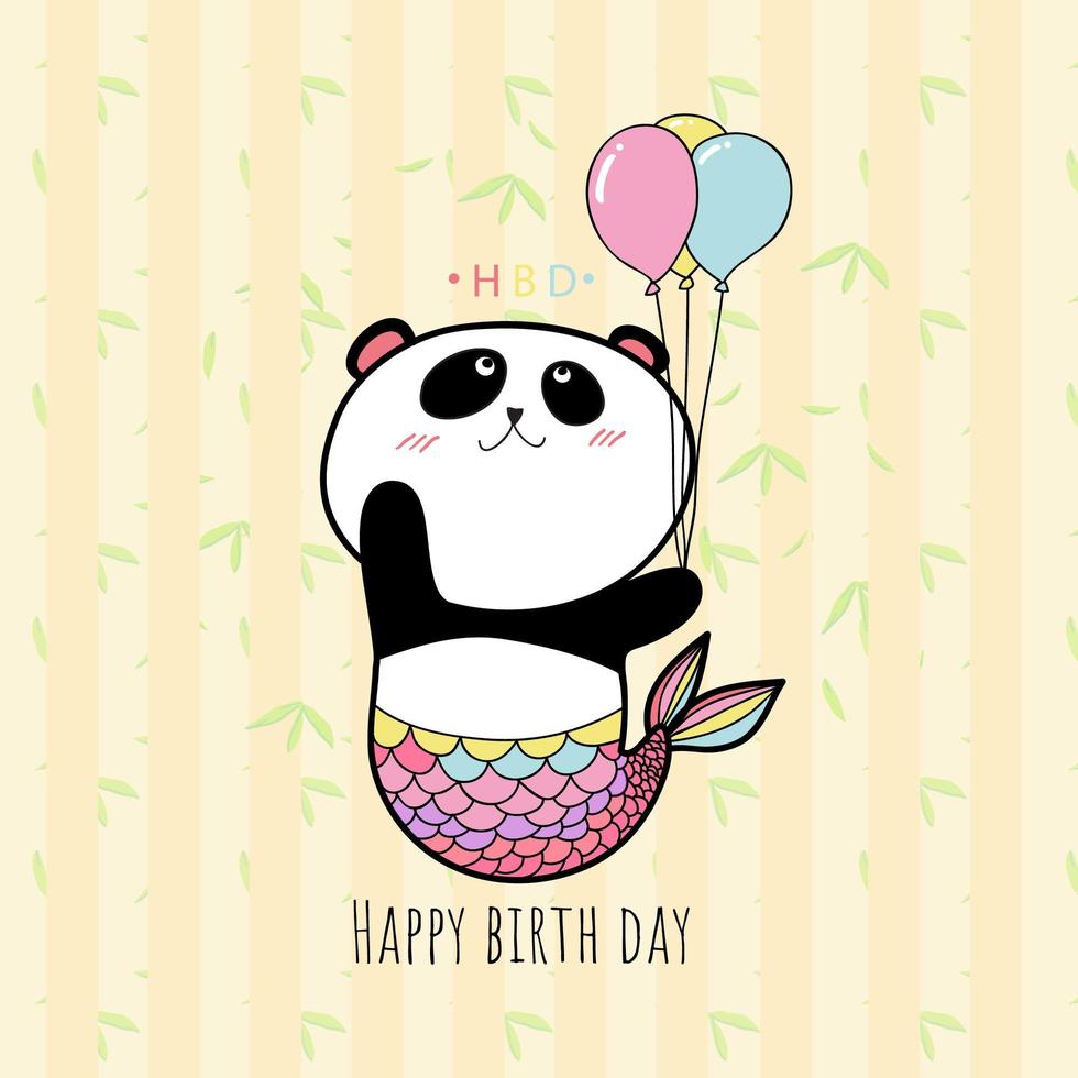 Panda holding balloon, hbd card pastel color. vector