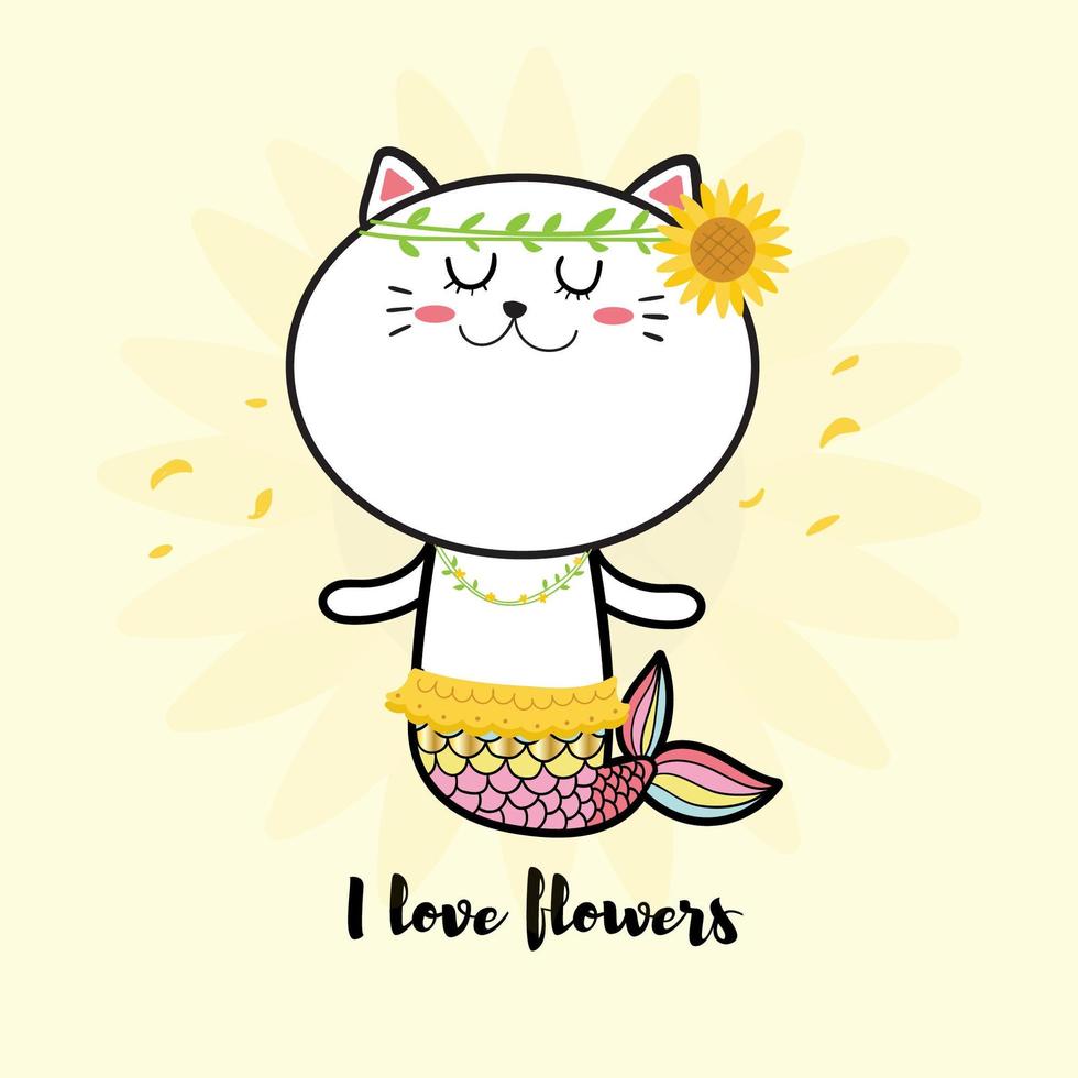 cute cat mermaid with sunflower vector