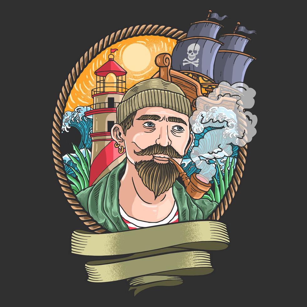 Man smoking with waves and pirate ships in the background vector