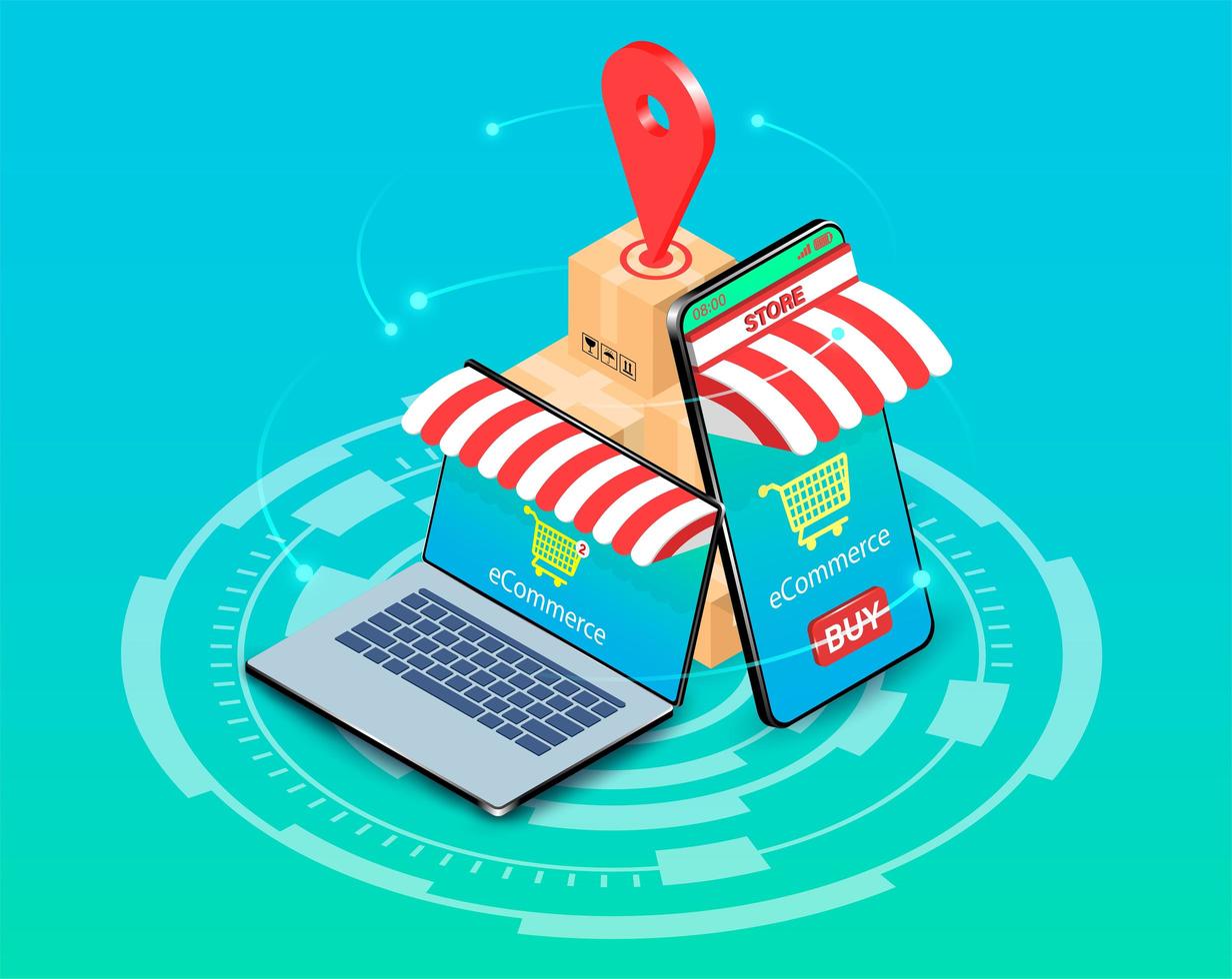 compras en línea en teléfonos inteligentes y computadoras portátiles vector