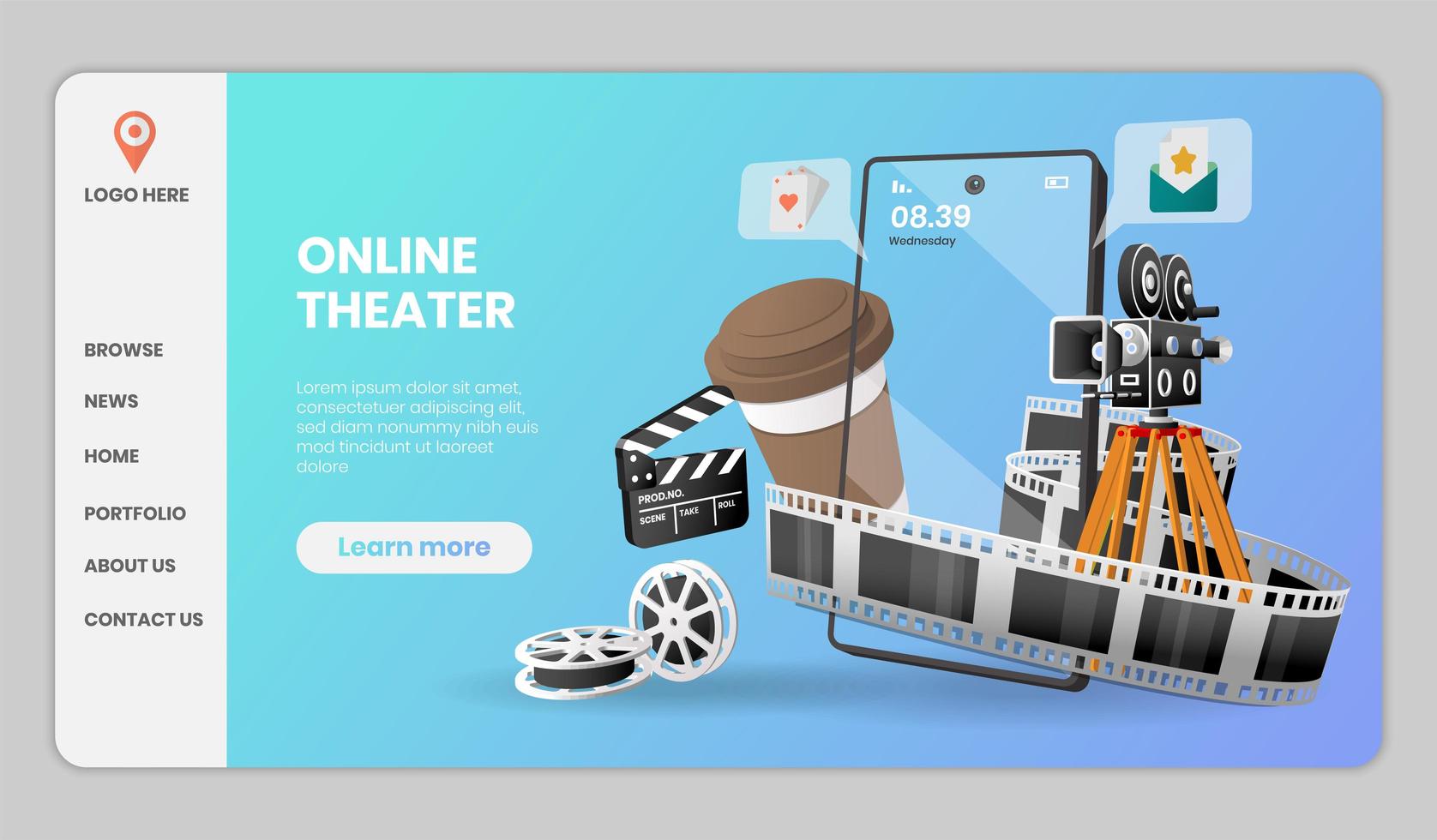 Online theater website template design  vector
