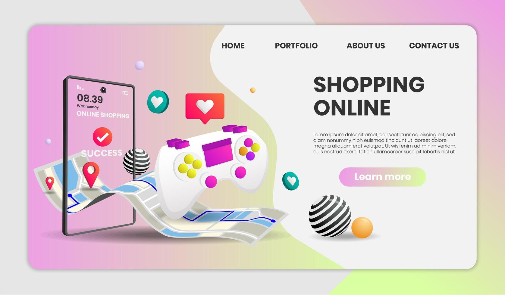 Online shopping website template with phone and gaming device  vector