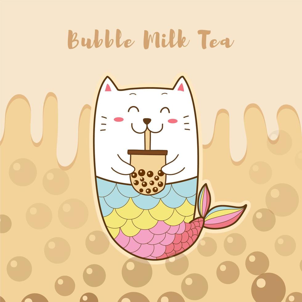 Cute cat mermaid drinking bubble milk tea vector