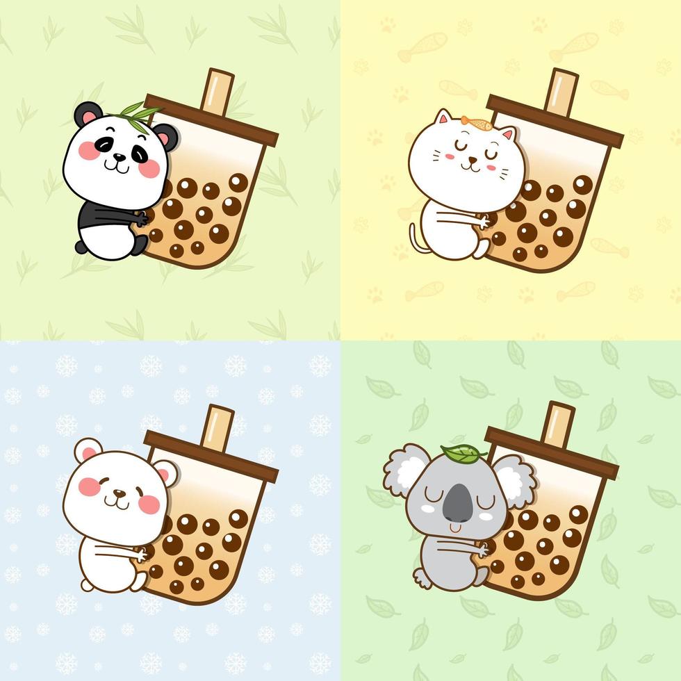 Cute animals hugging a bubble tea cup vector