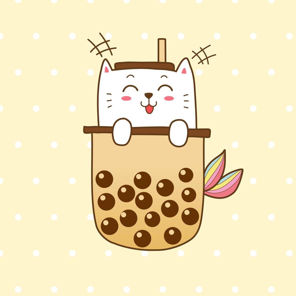 Cute cat mermaid in bubble milk tea vector