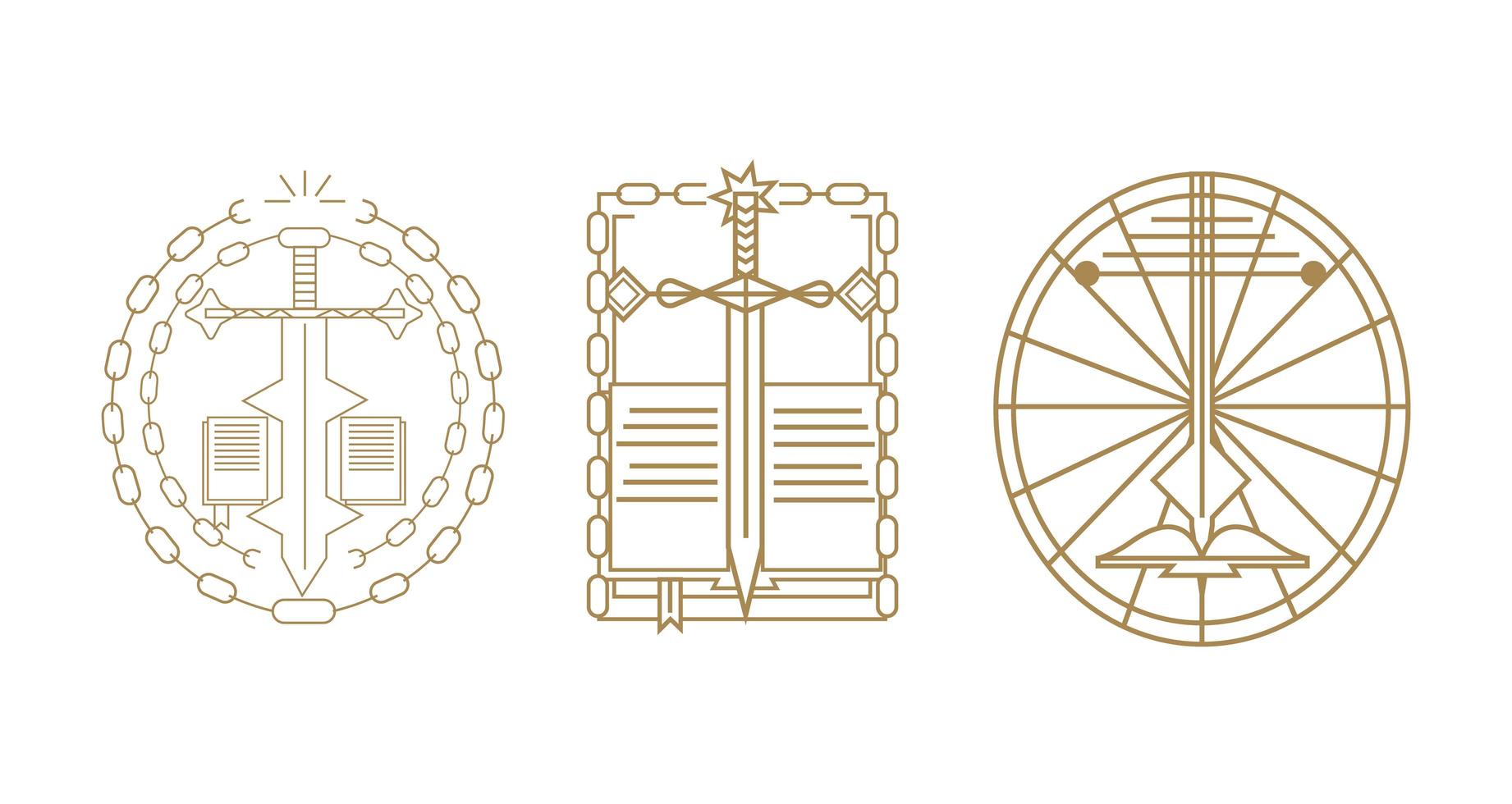 tres creativos iconos modernos de cruz, espada y biblia vector