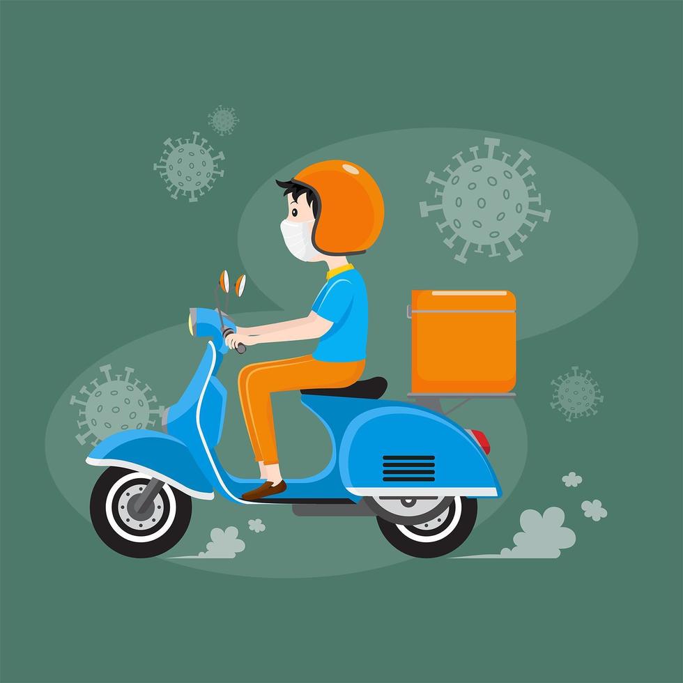 Masked delivery man riding scooter with delivery box vector